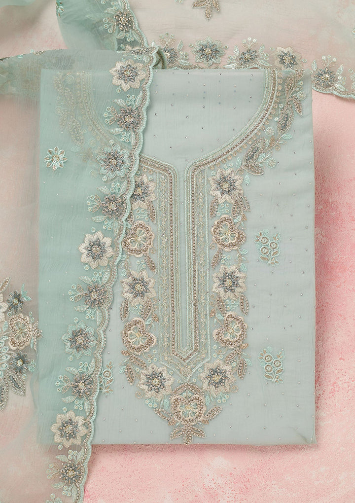 Sky Blue Zariwork (Silver) Organza Unstitched Salwar Suit_koskii