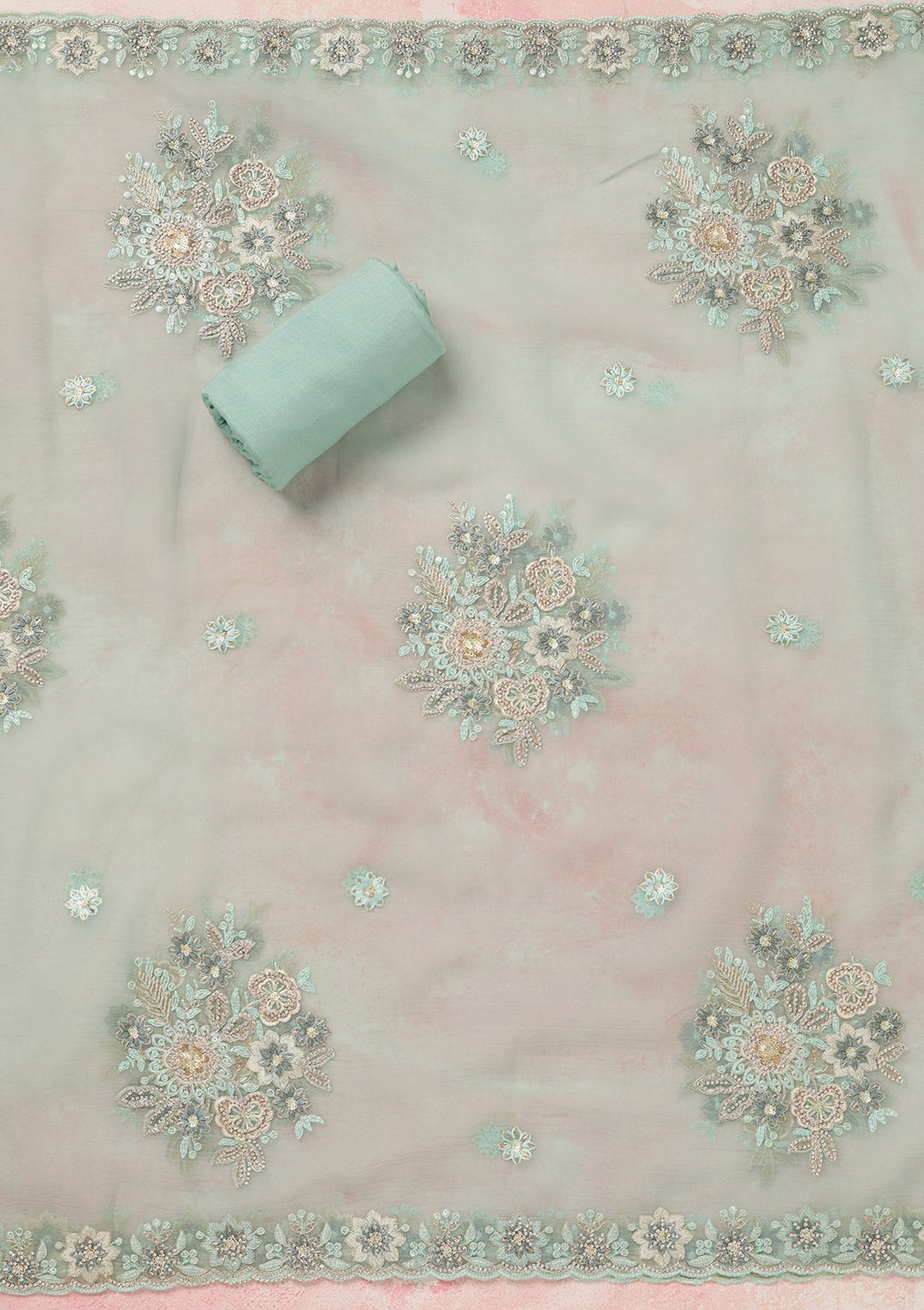 Sky Blue Zariwork (Silver) Organza Unstitched Salwar Suit_koskii