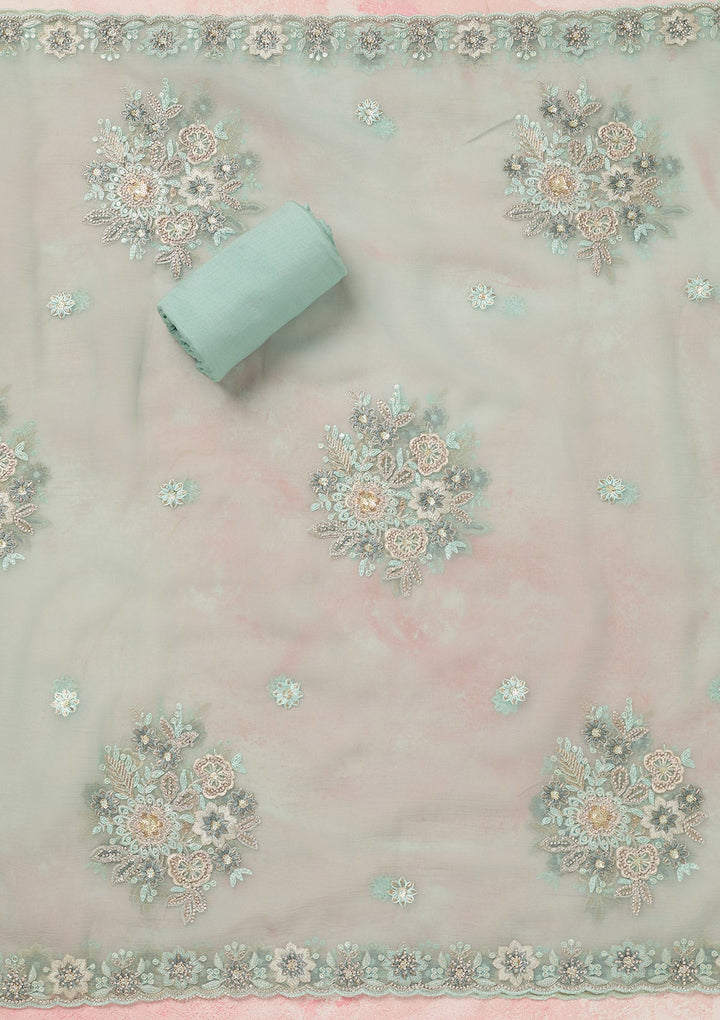 Sky Blue Zariwork (Silver) Organza Unstitched Salwar Suit_koskii