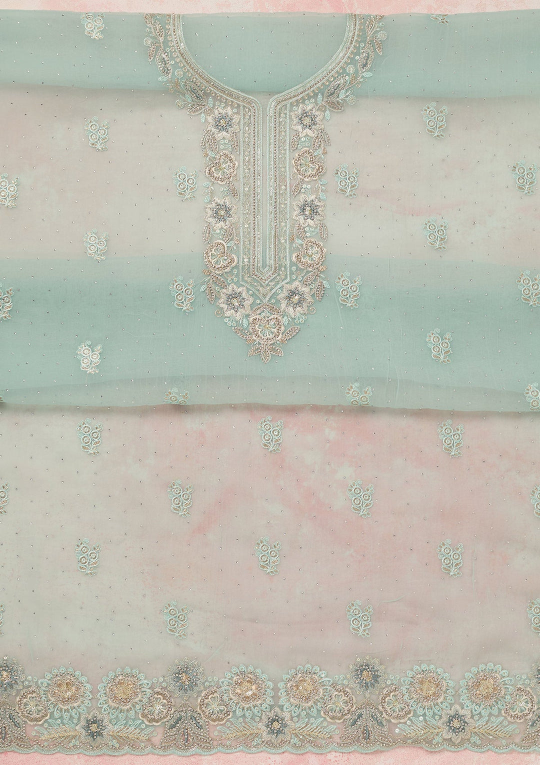 Sky Blue Zariwork (Silver) Organza Unstitched Salwar Suit_koskii