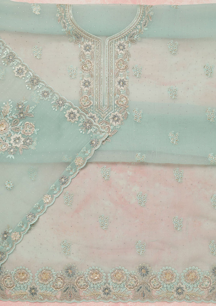Sky Blue Zariwork (Silver) Organza Unstitched Salwar Suit_koskii