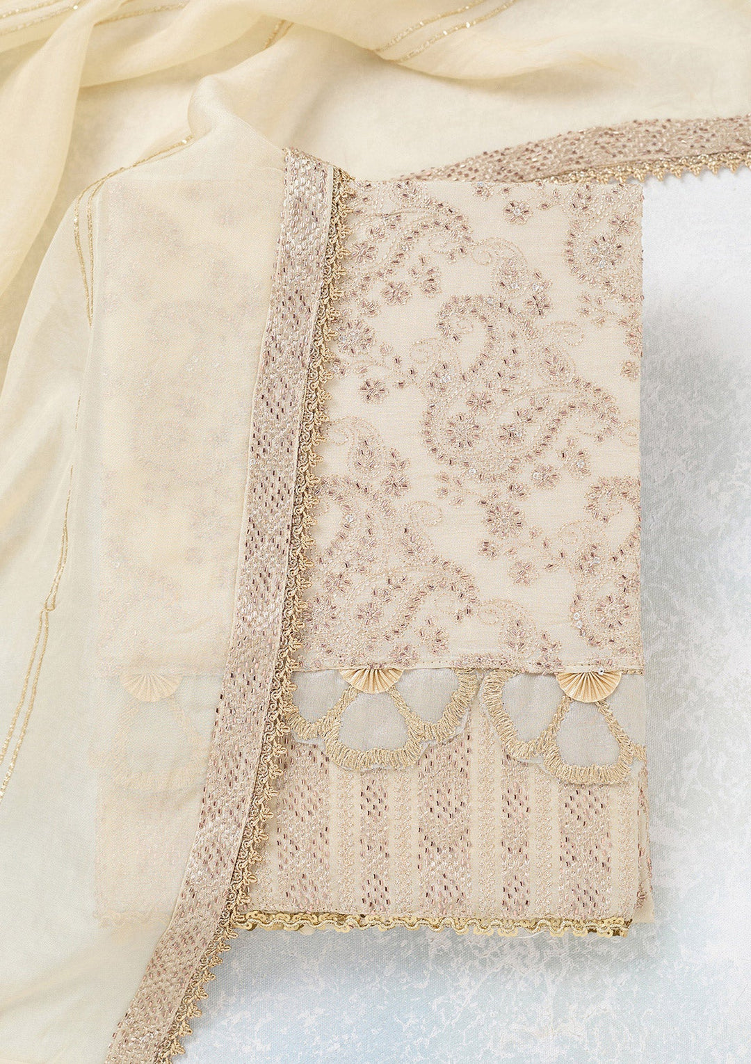 Cream Zariwork Tissue Unstitched Salwar Suit-koskii
