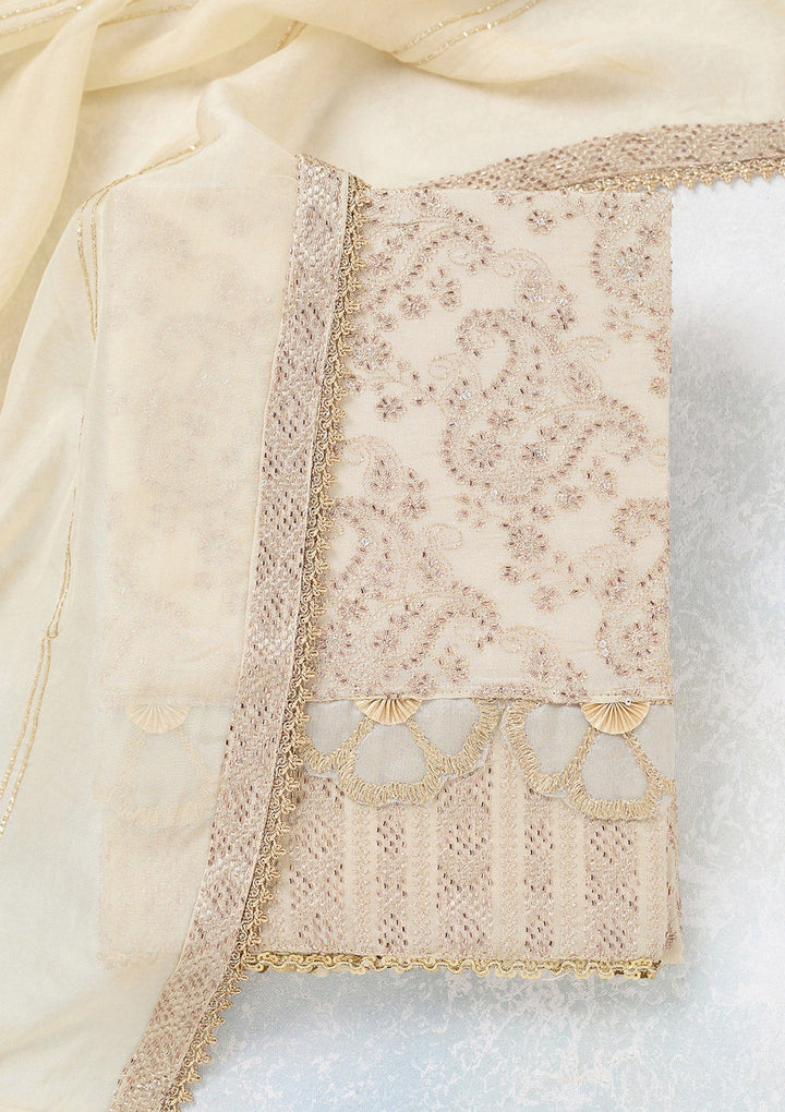 Cream Zariwork Tissue Unstitched Salwar Suit-koskii