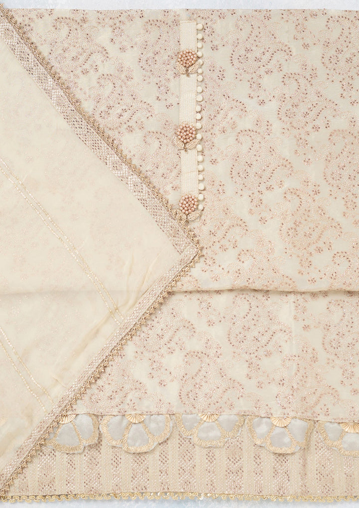 Cream Zariwork Tissue Unstitched Salwar Suit-koskii