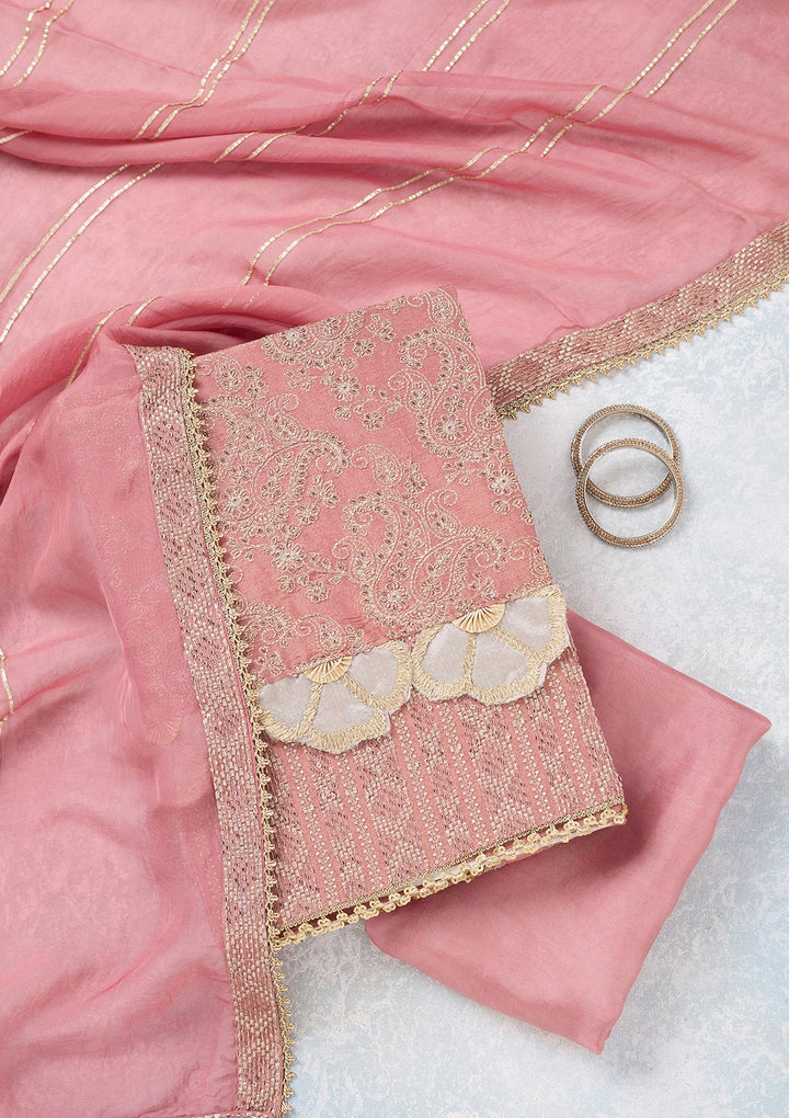 Onion Pink Zariwork Tissue Unstitched Salwar Suit-koskii