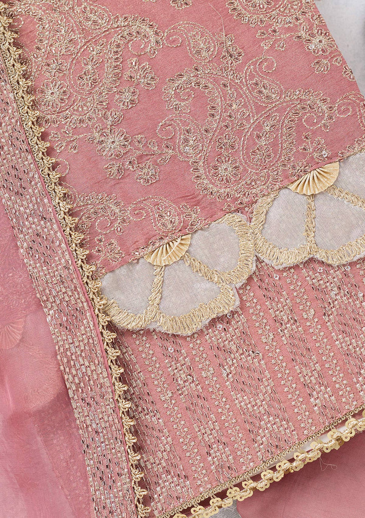 Onion Pink Zariwork Tissue Unstitched Salwar Suit-koskii