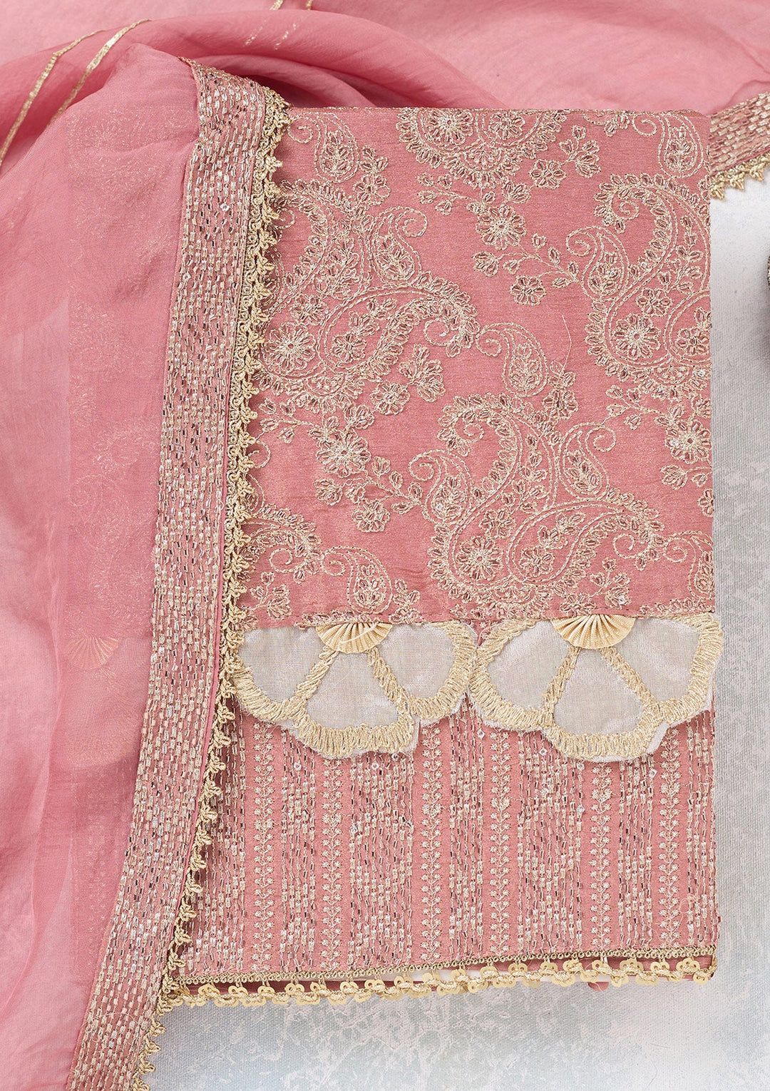 Onion Pink Zariwork Tissue Unstitched Salwar Suit-koskii