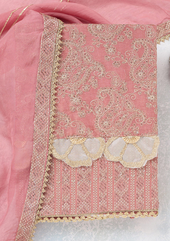 Onion Pink Zariwork Tissue Unstitched Salwar Suit-koskii