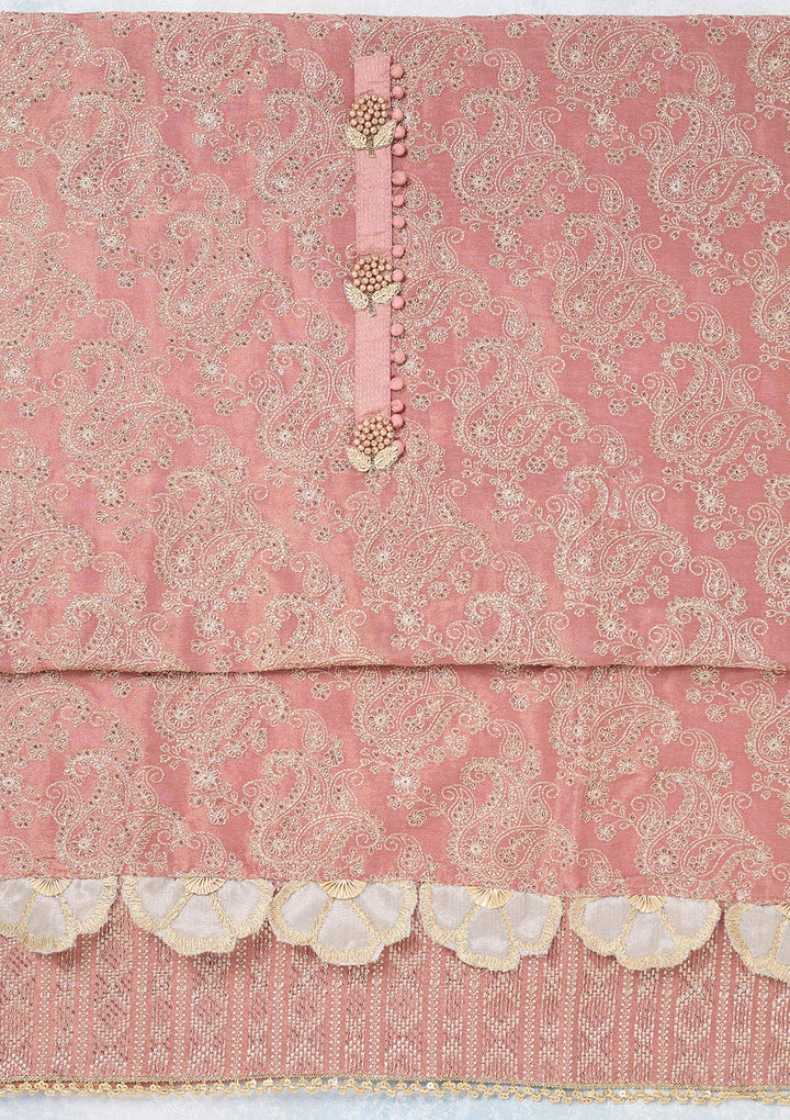 Onion Pink Zariwork Tissue Unstitched Salwar Suit-koskii