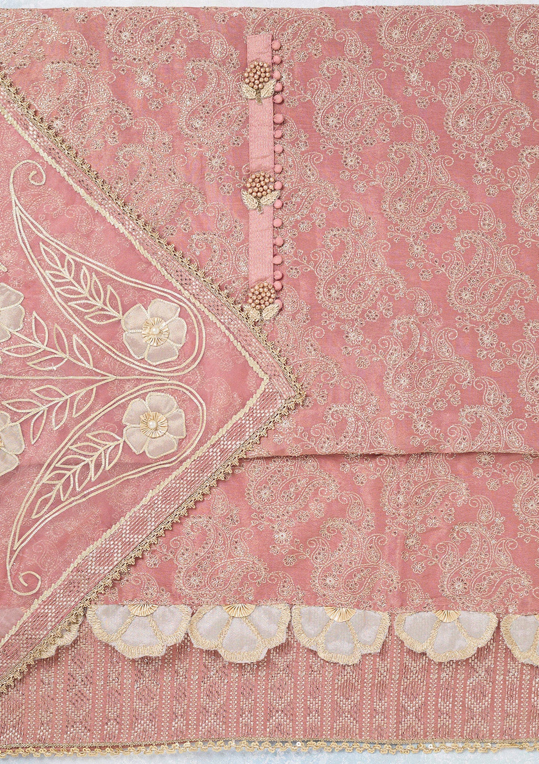 Onion Pink Zariwork Tissue Unstitched Salwar Suit-koskii