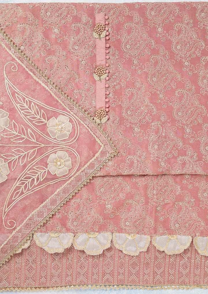 Onion Pink Zariwork Tissue Unstitched Salwar Suit-koskii