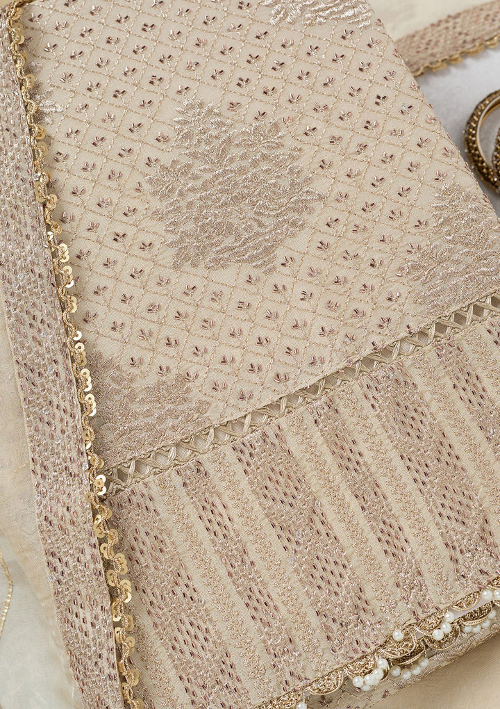 Cream Zariwork Tissue Unstitched Salwar Suit-koskii