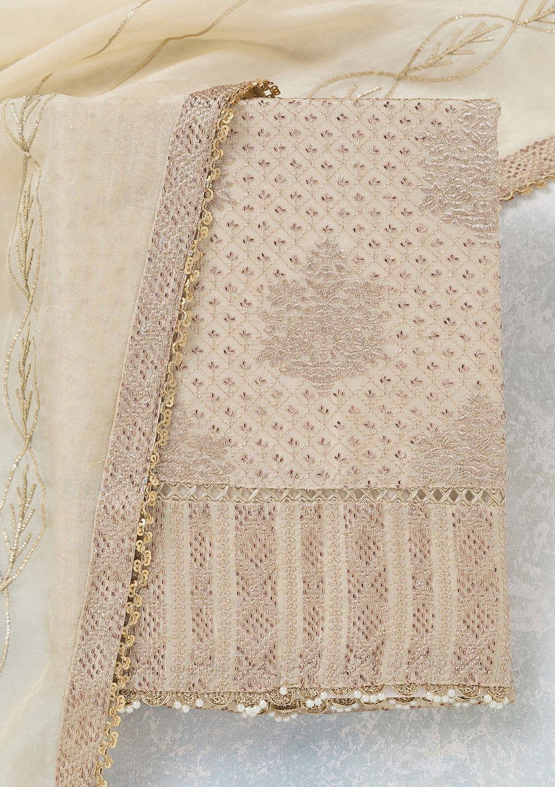 Cream Zariwork Tissue Unstitched Salwar Suit-koskii