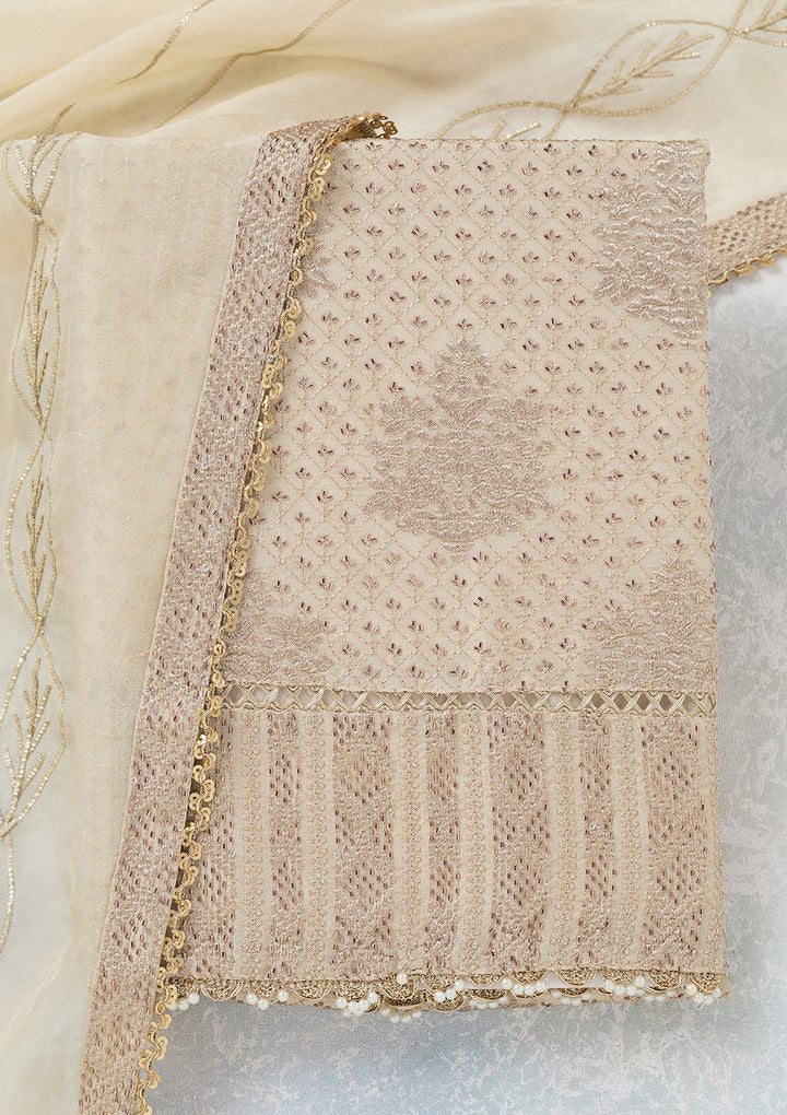 Cream Zariwork Tissue Unstitched Salwar Suit-koskii