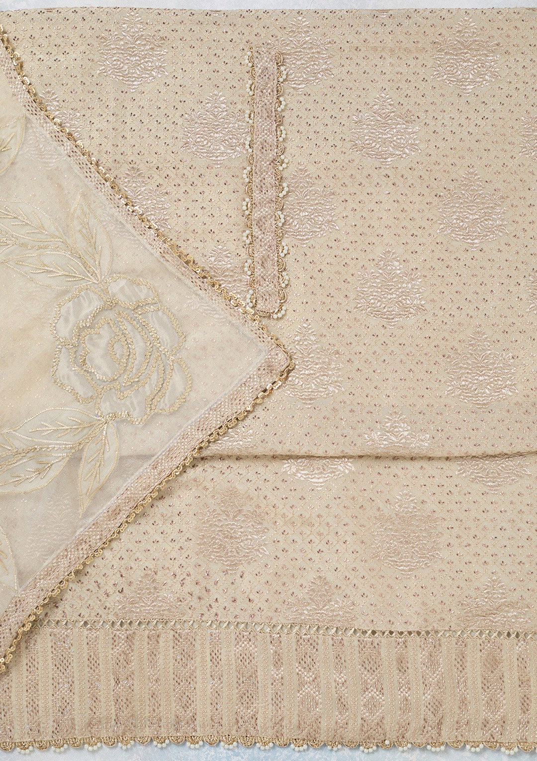 Cream Zariwork Tissue Unstitched Salwar Suit-koskii