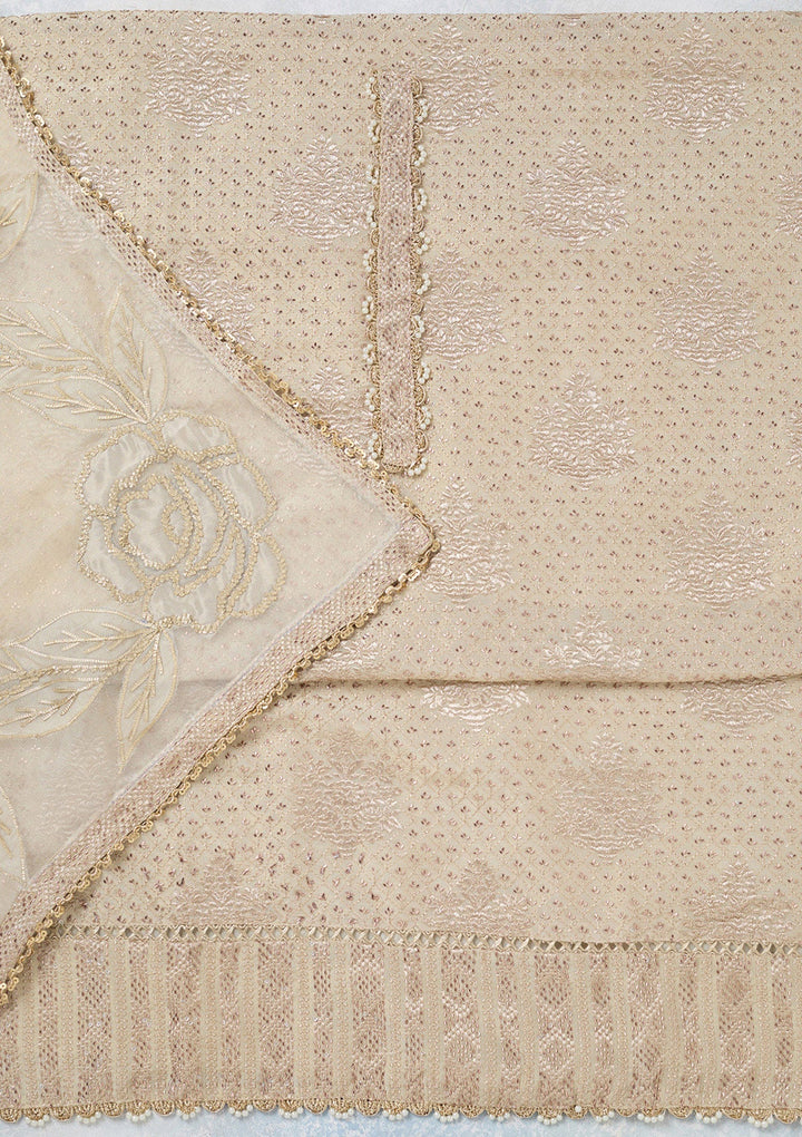 Cream Zariwork Tissue Unstitched Salwar Suit-koskii