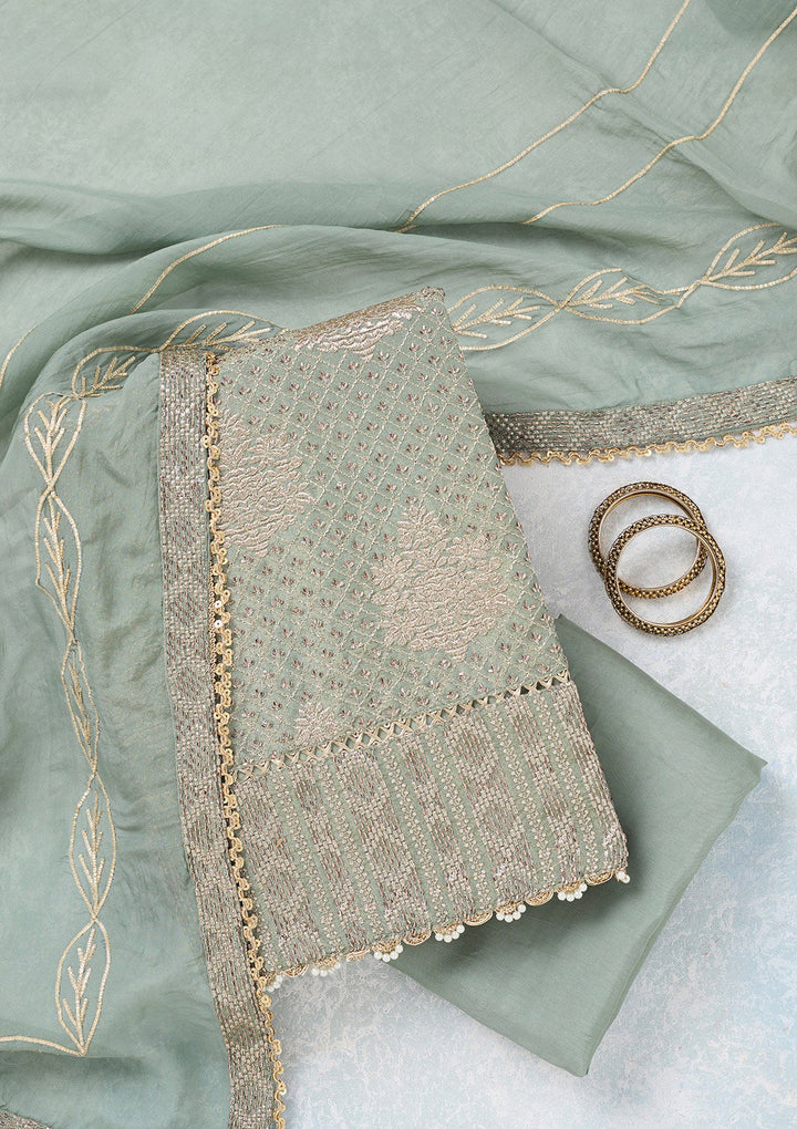 Green Zariwork Tissue Unstitched Salwar Suit-koskii