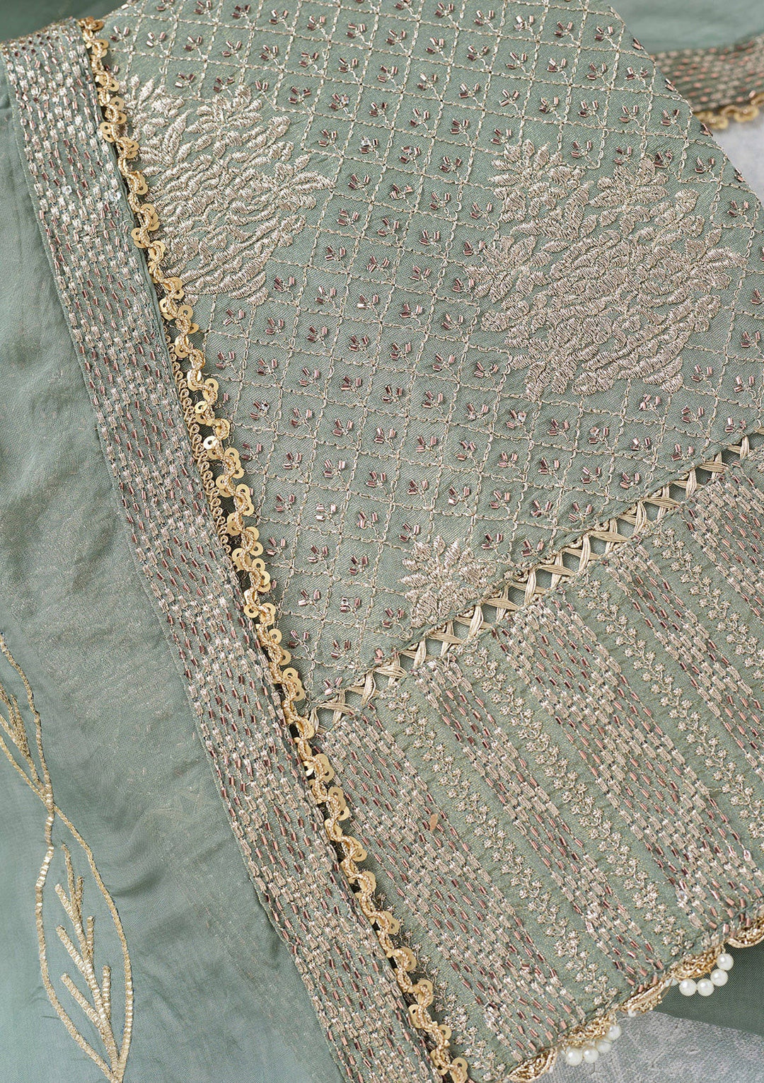 Green Zariwork Tissue Unstitched Salwar Suit-koskii