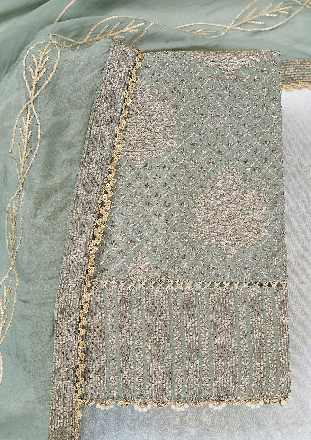 Green Zariwork Tissue Unstitched Salwar Suit-koskii