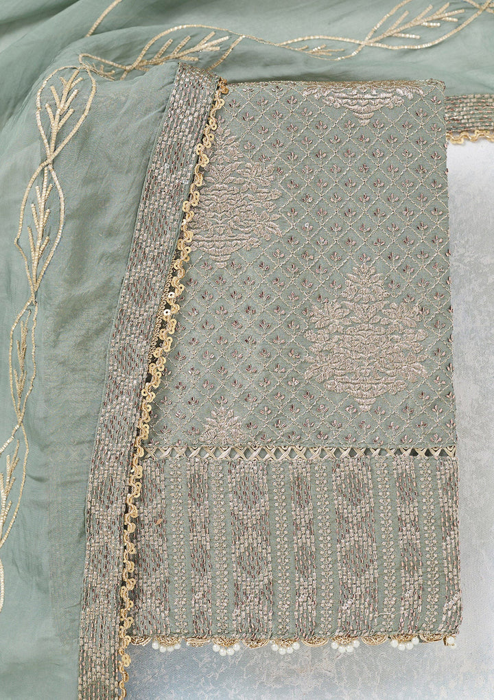 Green Zariwork Tissue Unstitched Salwar Suit-koskii