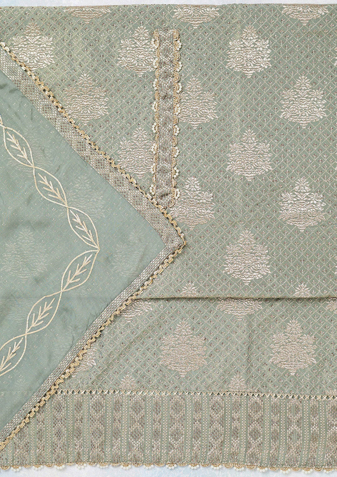 Green Zariwork Tissue Unstitched Salwar Suit-koskii