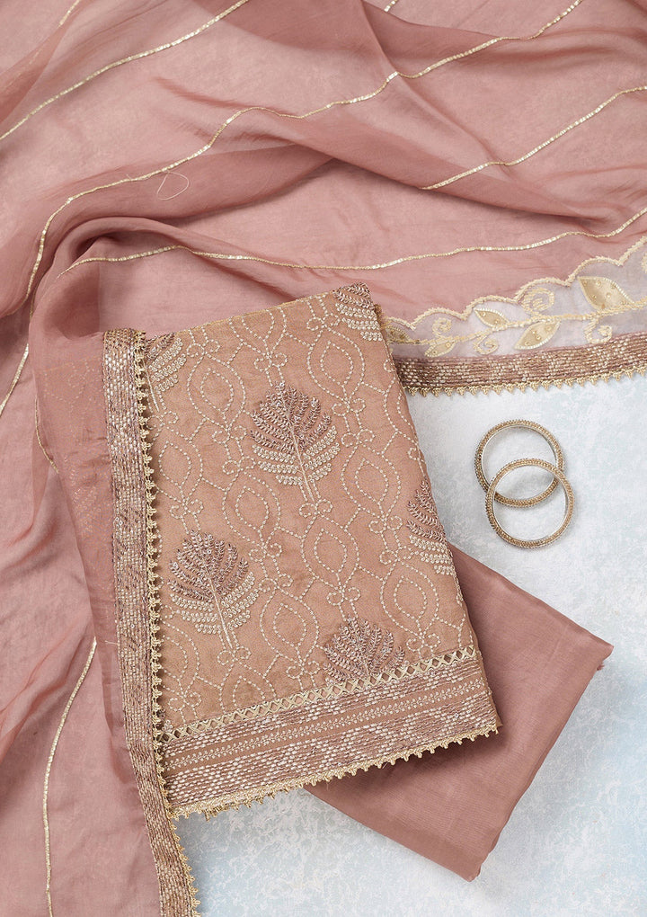 Brown Zariwork Tissue Unstitched Salwar Suit-koskii