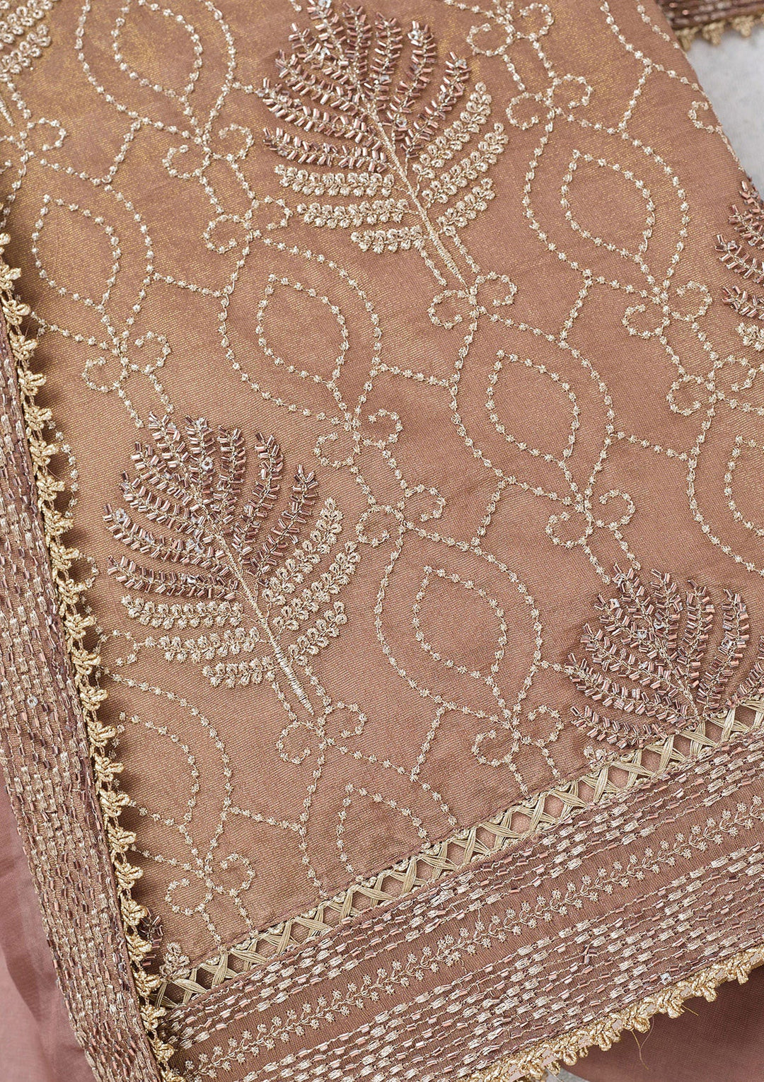 Brown Zariwork Tissue Unstitched Salwar Suit-koskii