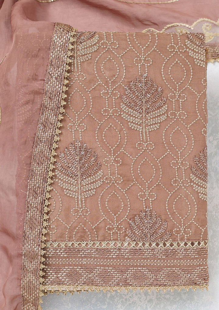 Brown Zariwork Tissue Unstitched Salwar Suit-koskii