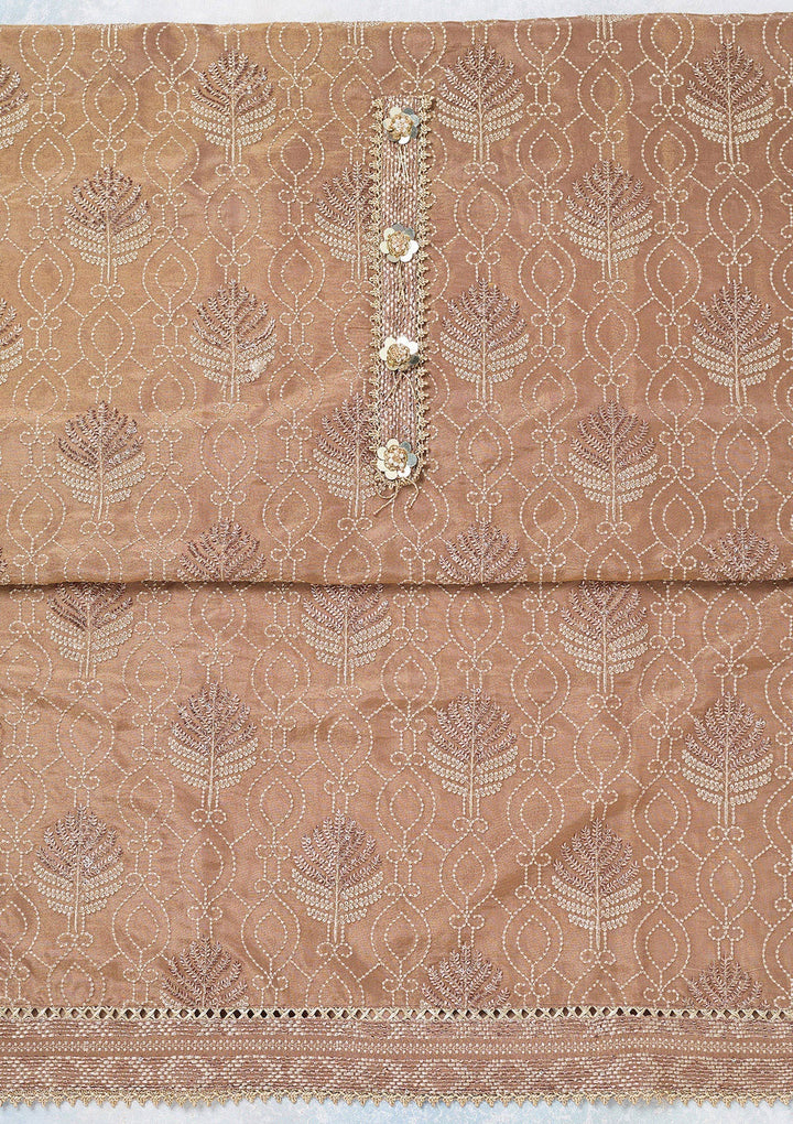 Brown Zariwork Tissue Unstitched Salwar Suit-koskii