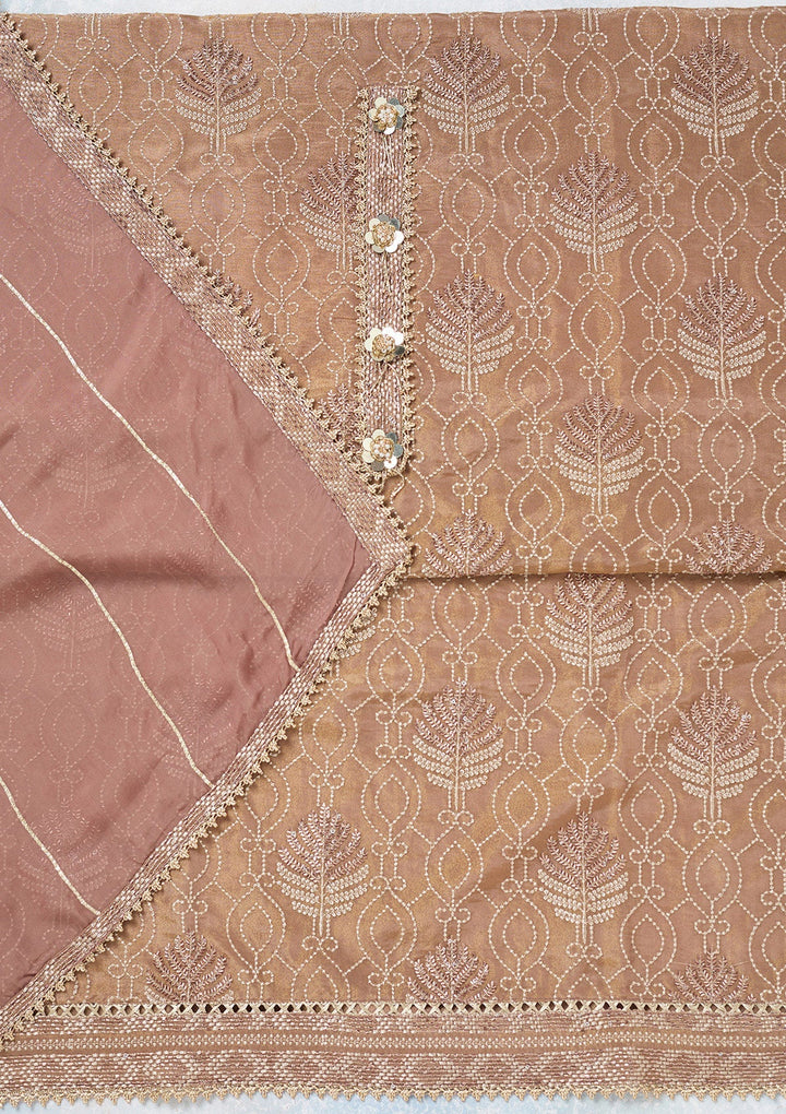 Brown Zariwork Tissue Unstitched Salwar Suit-koskii