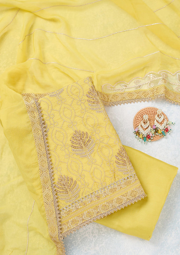 Yellow Zariwork Tissue Unstitched Salwar Suit-koskii