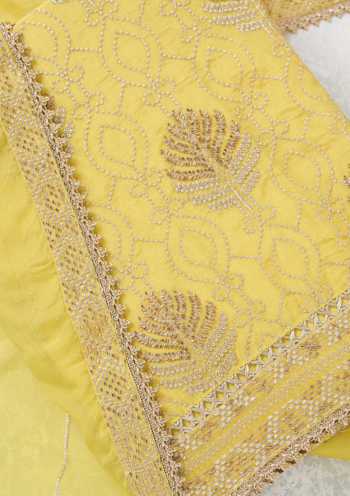 Yellow Zariwork Tissue Unstitched Salwar Suit-koskii