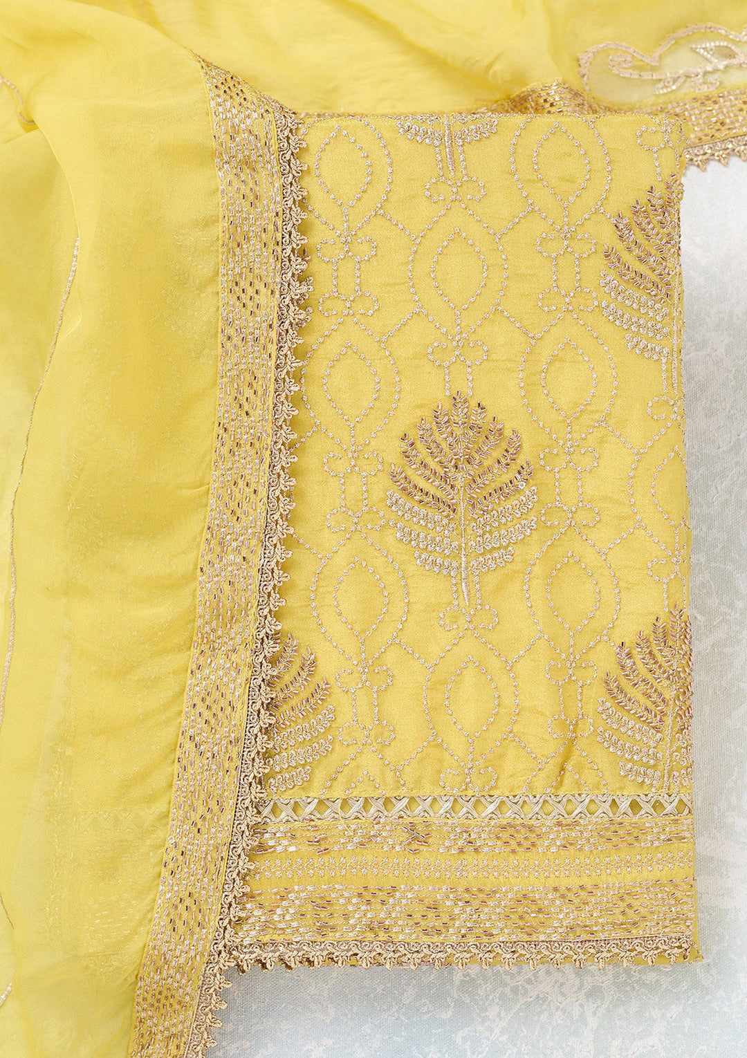 Yellow Zariwork Tissue Unstitched Salwar Suit-koskii