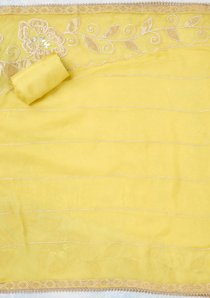Yellow Zariwork Tissue Unstitched Salwar Suit-koskii