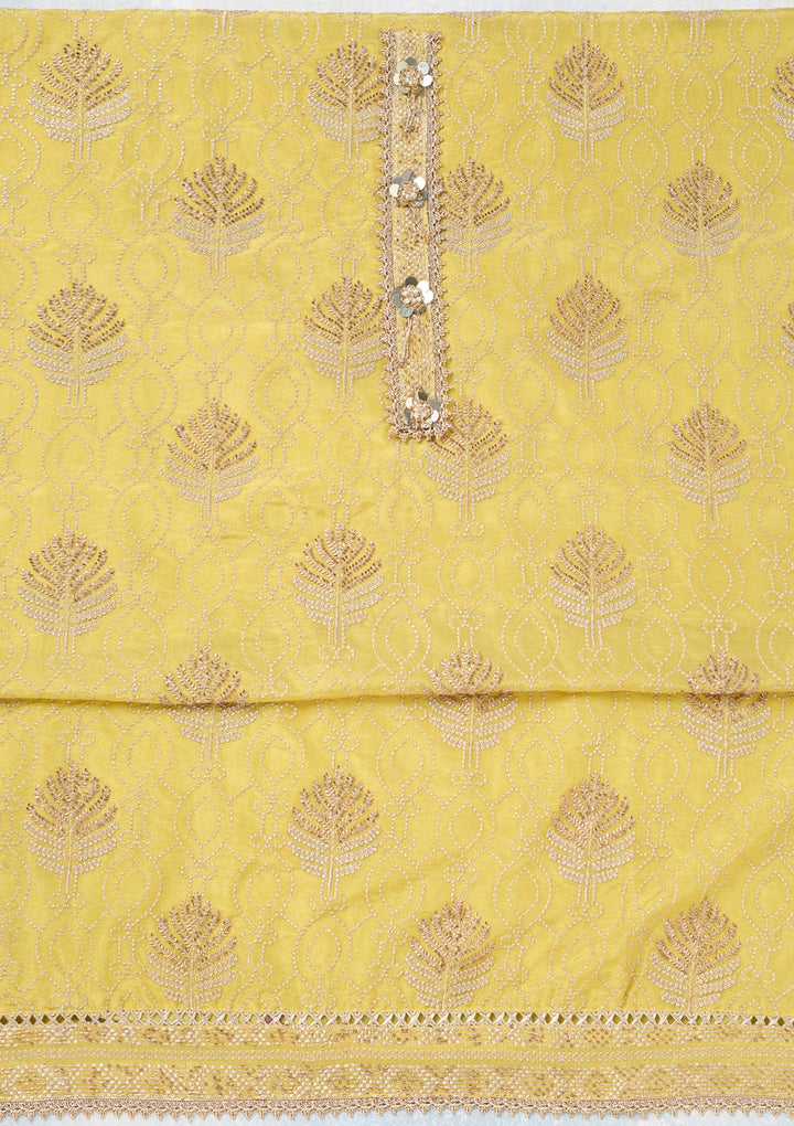 Yellow Zariwork Tissue Unstitched Salwar Suit-koskii
