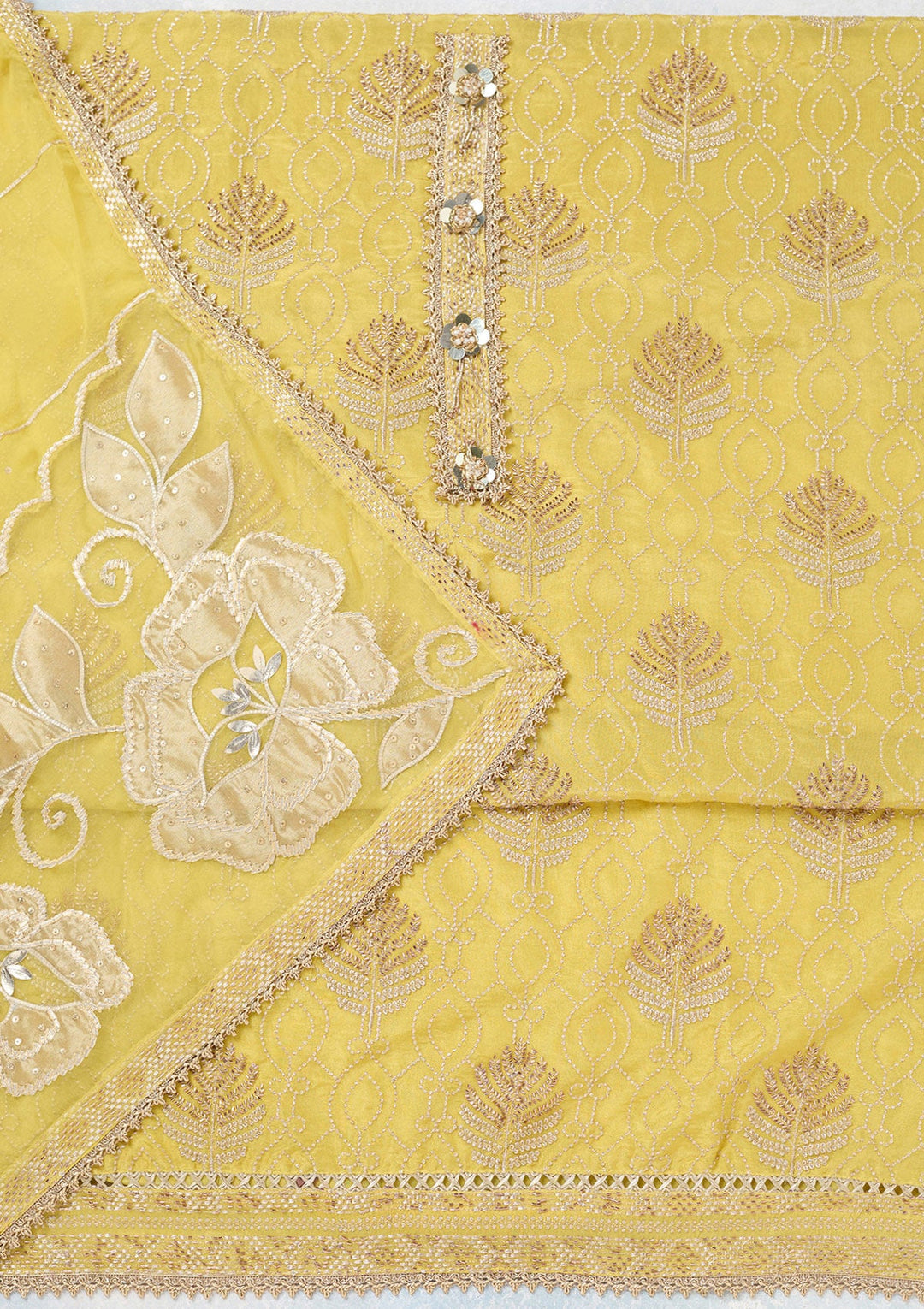 Yellow Zariwork Tissue Unstitched Salwar Suit-koskii