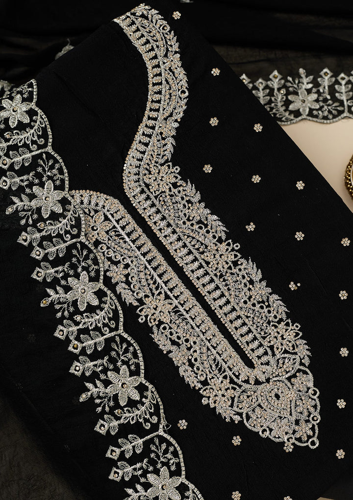 Black Zariwork (Gold) Soft Raw Silk Unstitched Salwar Suit-Koskii