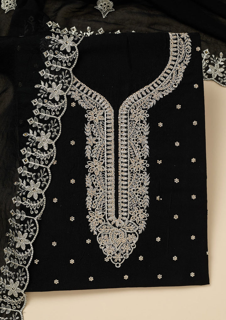 Black Zariwork (Gold) Soft Raw Silk Unstitched Salwar Suit-Koskii