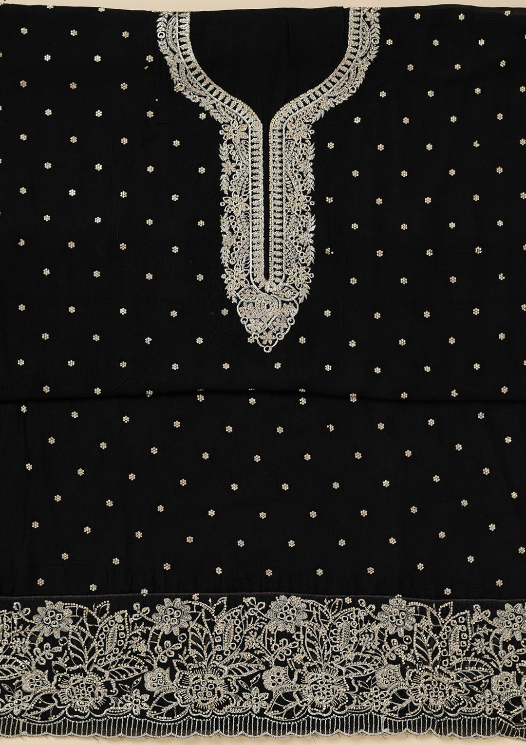 Black Zariwork (Gold) Soft Raw Silk Unstitched Salwar Suit-Koskii