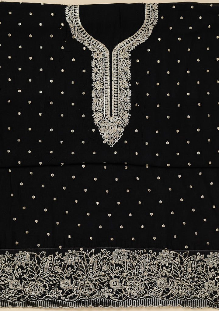 Black Zariwork (Gold) Soft Raw Silk Unstitched Salwar Suit-Koskii