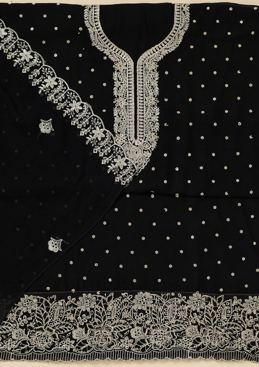Black Zariwork (Gold) Soft Raw Silk Unstitched Salwar Suit-Koskii