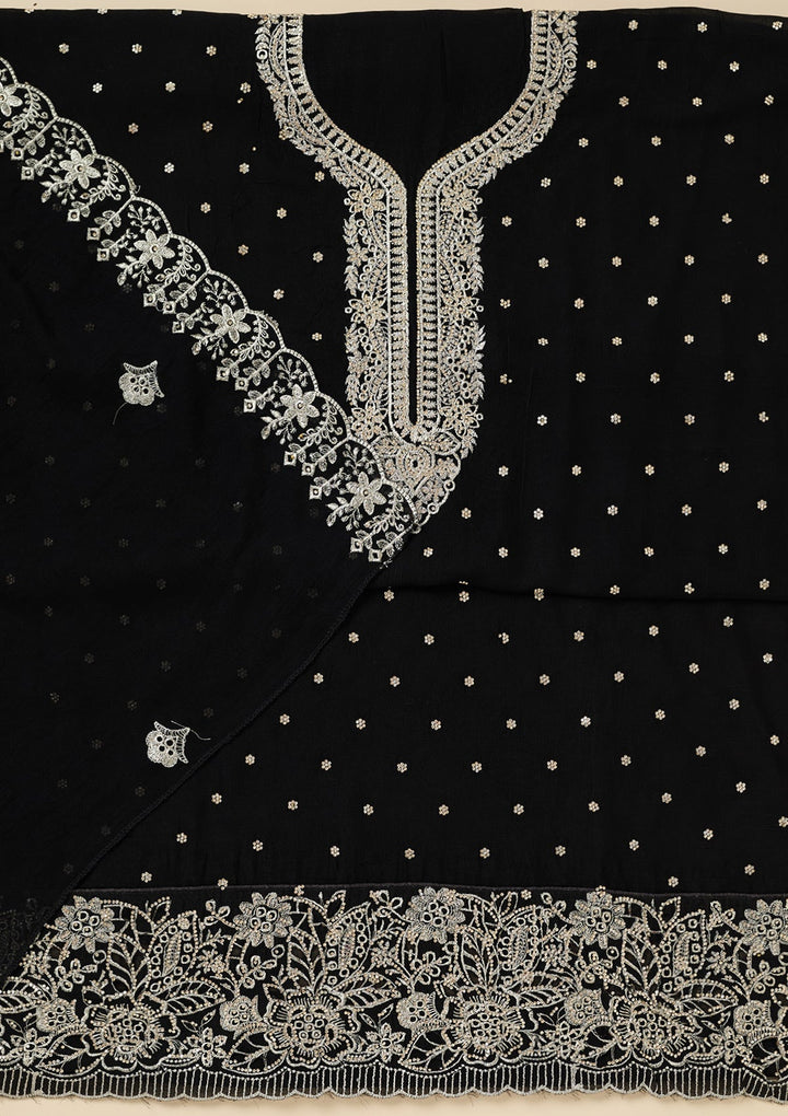 Black Zariwork (Gold) Soft Raw Silk Unstitched Salwar Suit-Koskii