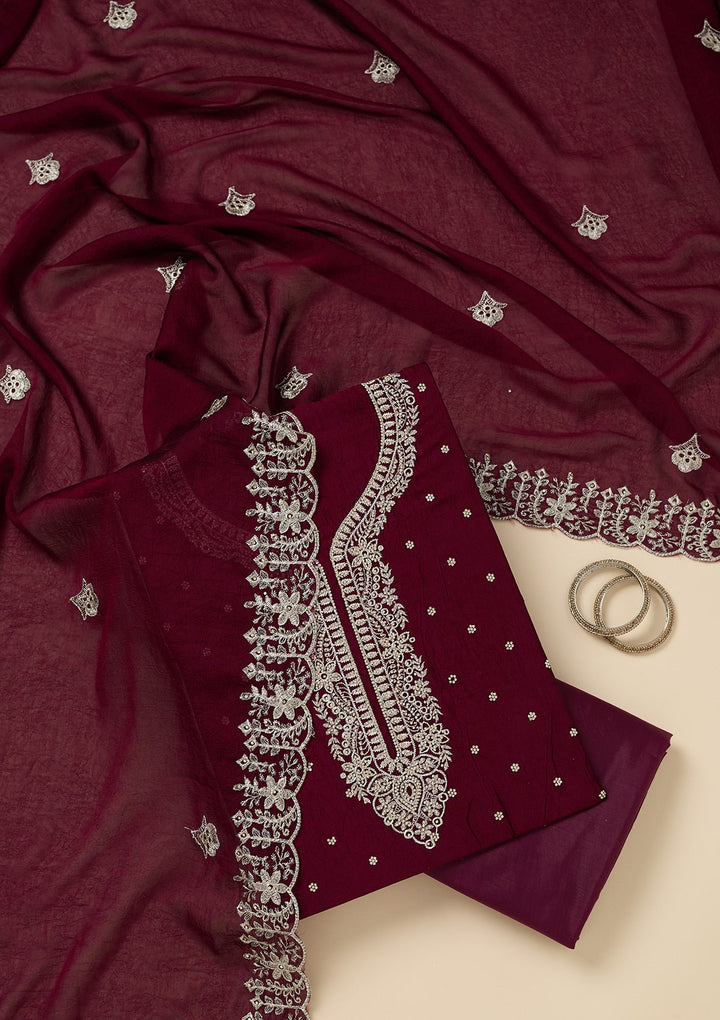 Maroon Zariwork (Gold) Soft Raw Silk Unstitched Salwar Suit-Koskii