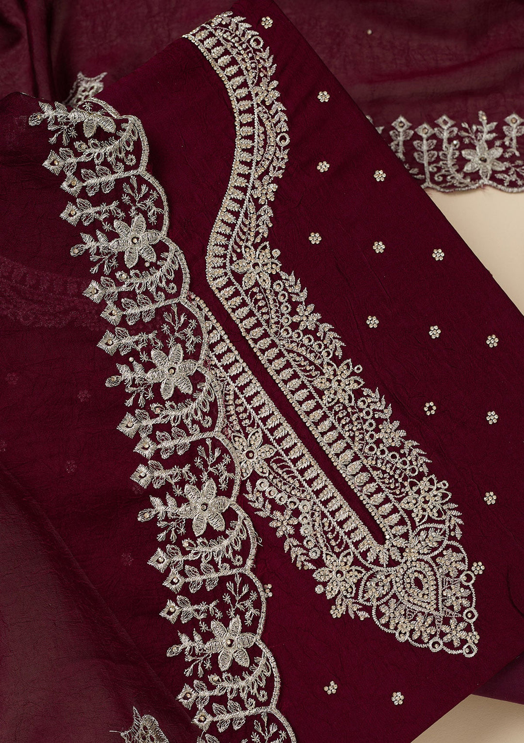 Maroon Zariwork (Gold) Soft Raw Silk Unstitched Salwar Suit-Koskii