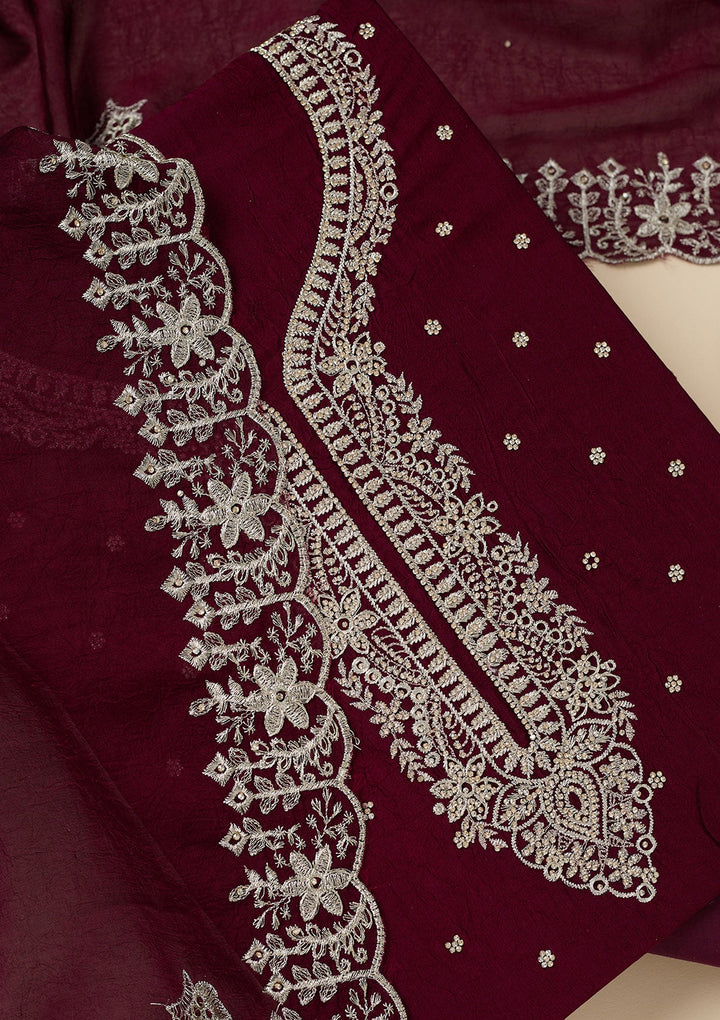 Maroon Zariwork (Gold) Soft Raw Silk Unstitched Salwar Suit-Koskii