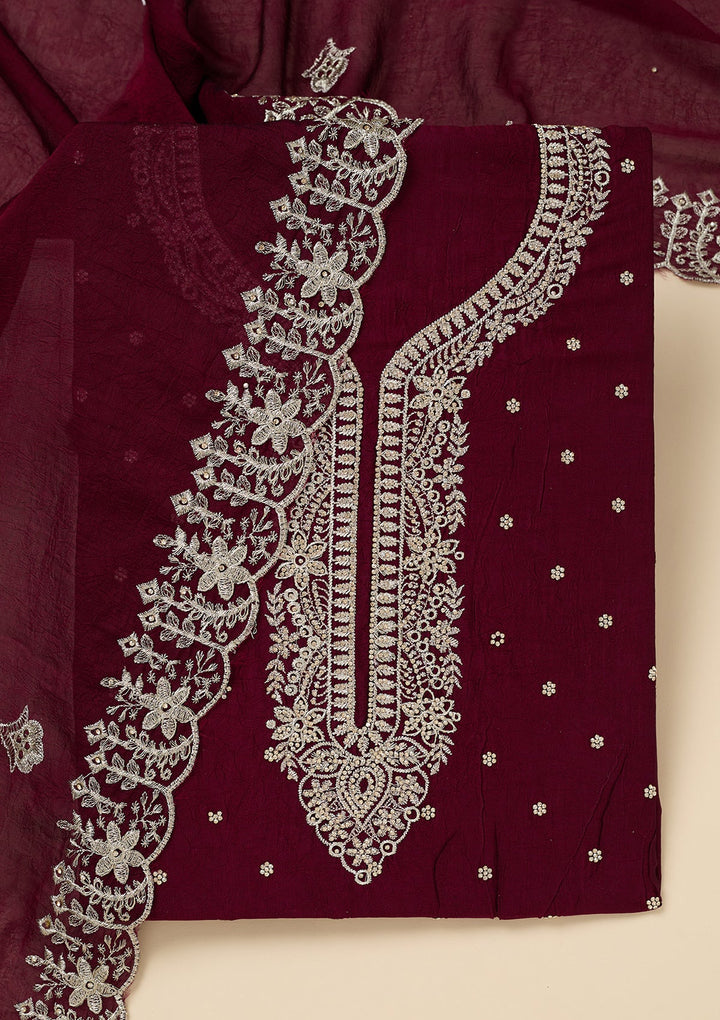 Maroon Zariwork (Gold) Soft Raw Silk Unstitched Salwar Suit-Koskii