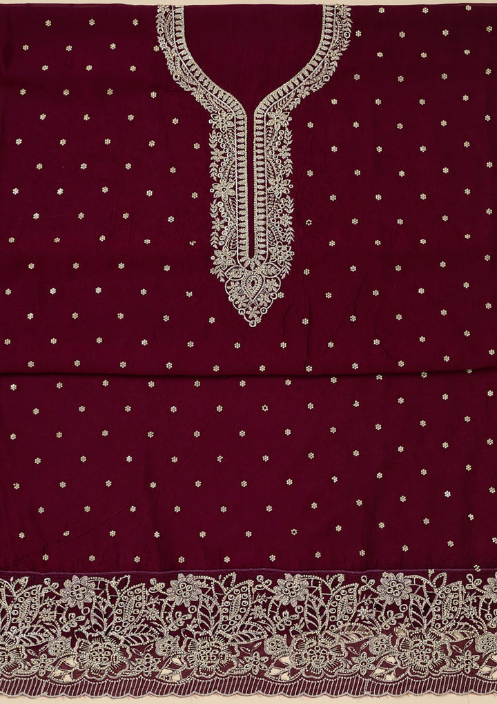 Maroon Zariwork (Gold) Soft Raw Silk Unstitched Salwar Suit-Koskii