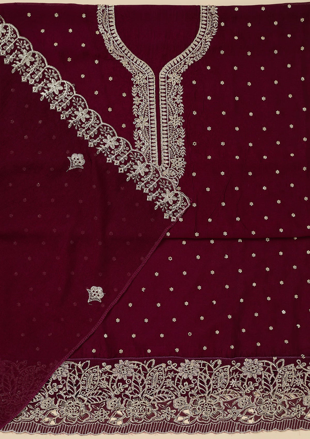 Maroon Zariwork (Gold) Soft Raw Silk Unstitched Salwar Suit-Koskii