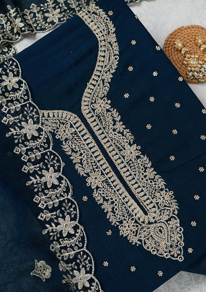 Peacock Blue Zariwork (Gold) Soft Raw Silk Unstitched Salwar Suit-Koskii