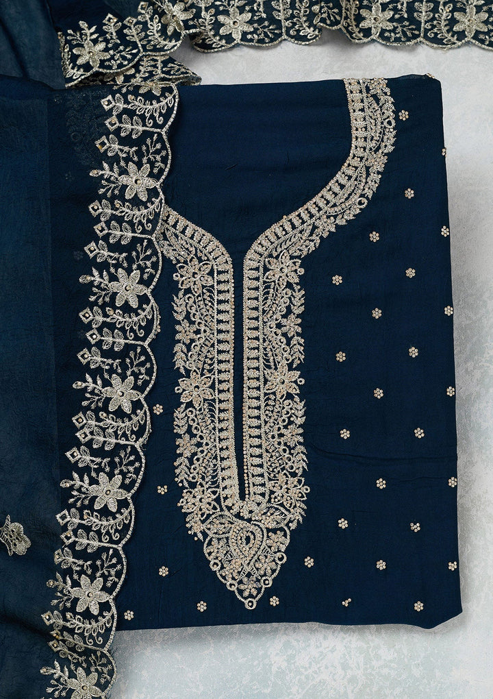 Peacock Blue Zariwork (Gold) Soft Raw Silk Unstitched Salwar Suit-Koskii